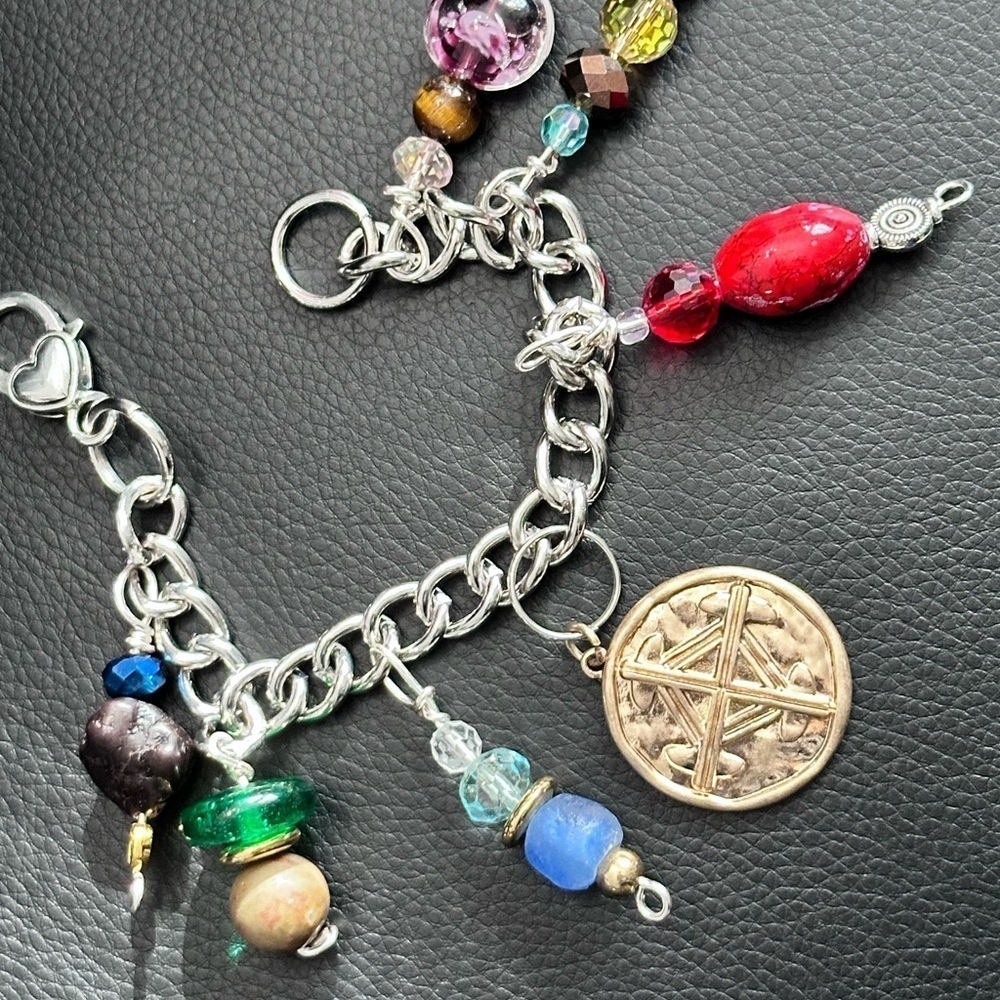 Chunky Charm Bracelet Handmade Bohemian 7 Dangle Beads Glass and Natural 4343